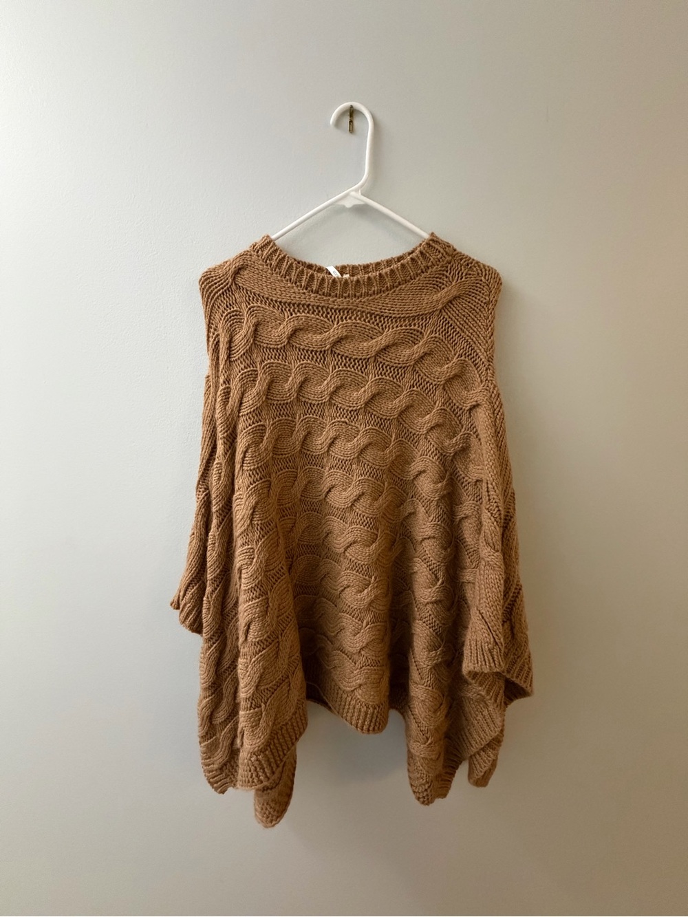 Cable Knit Poncho Sweater - Camel Brown